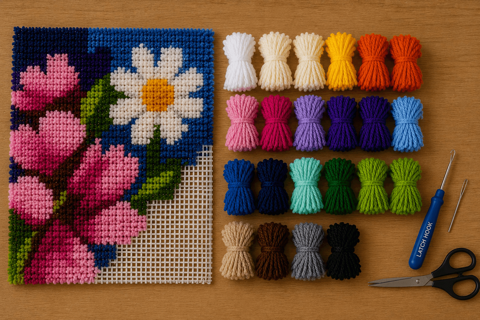 Latch hook canvas, yarn, tools, pattern, and instructions arranged on a tabletop
