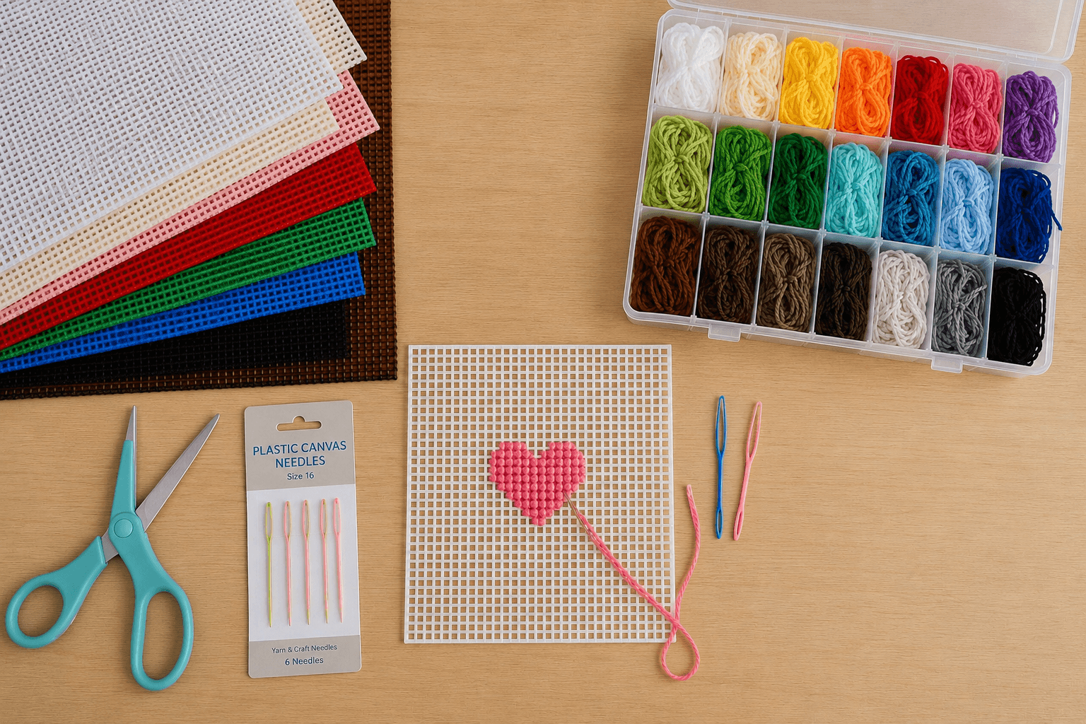 Plastic canvas tools, yarn, needles, and sample stitched projects